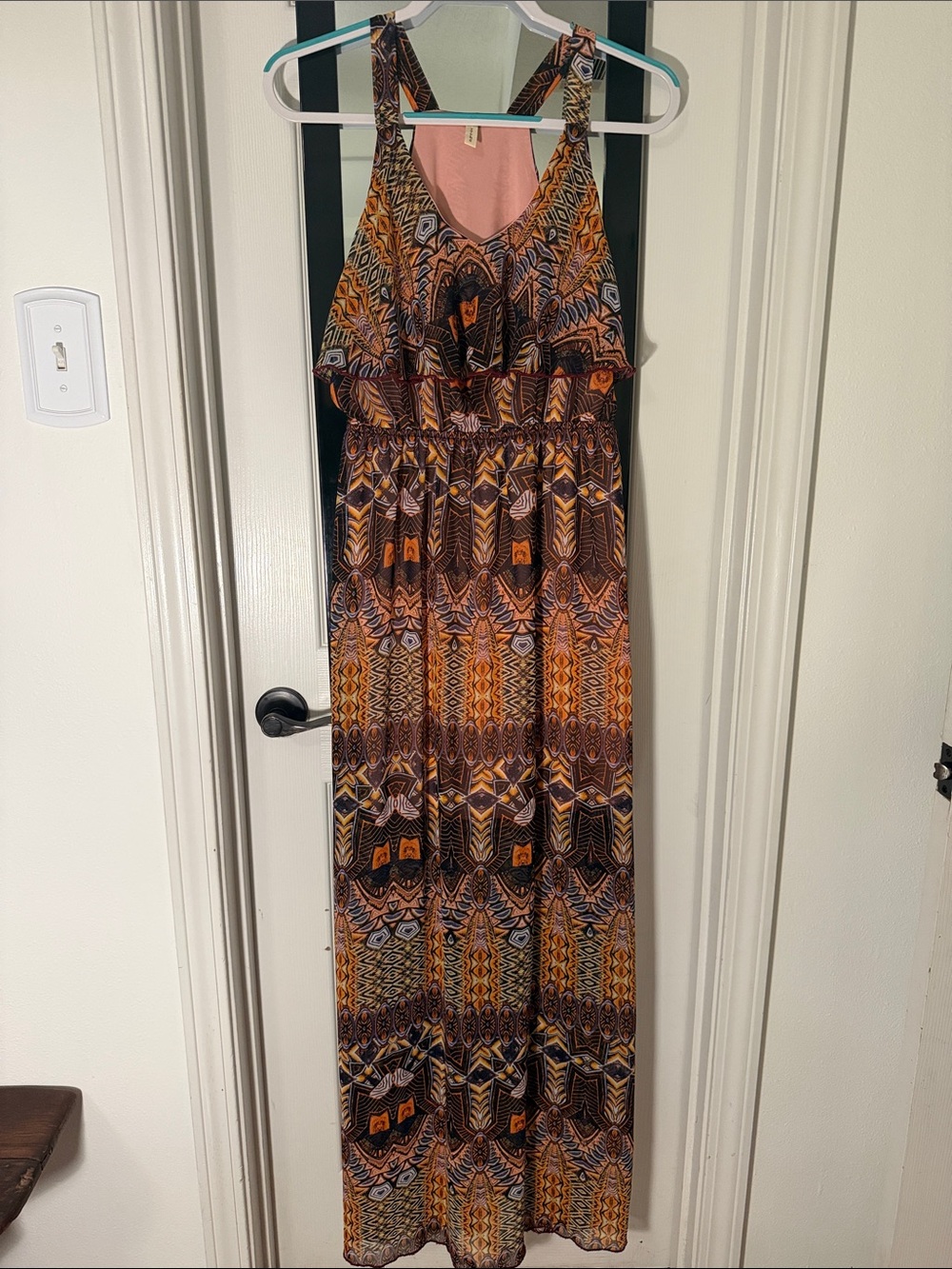 Tyche Sleeveless Geometric Maxi Dress in Orange and Brown